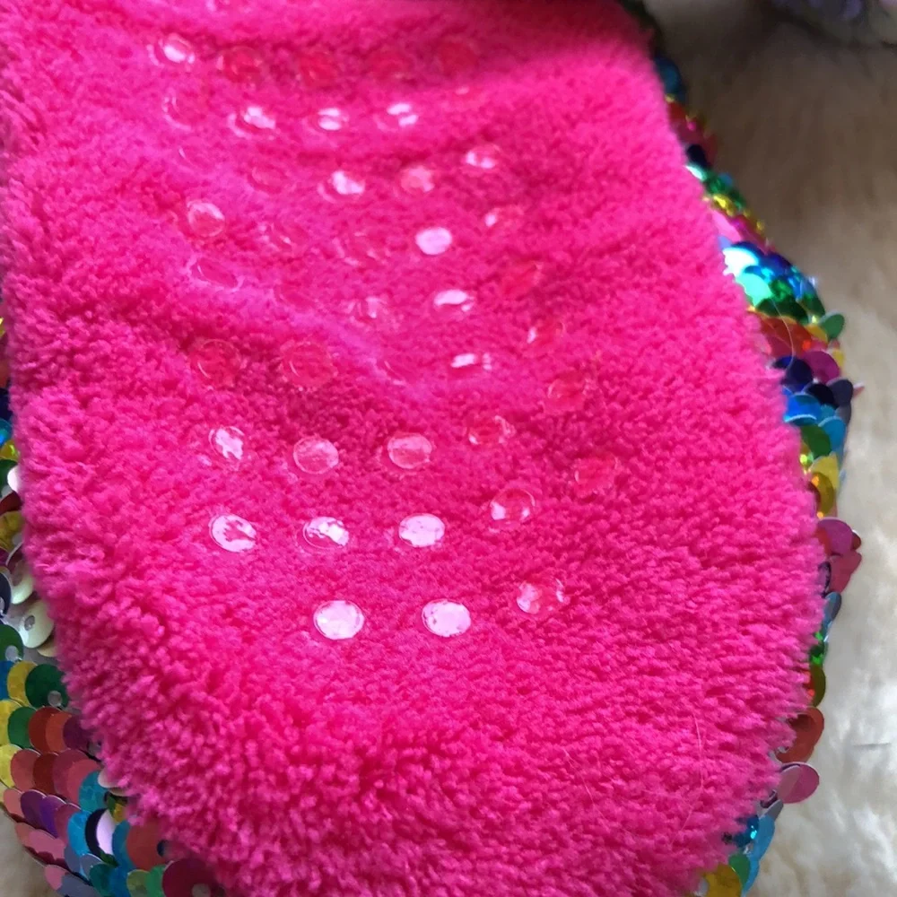 Magical Sequin Unicorn Slippers Reversible Sparkle, Faux Sherpa Lining Size S/M